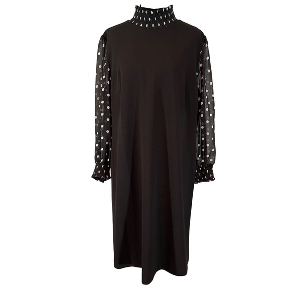 Tommy Hilfiger Dresses & Skirts - Tommy Hilfiger Black Polka Dot Sheer Sleeve Smocked High Neck Shift Dress Sz 16